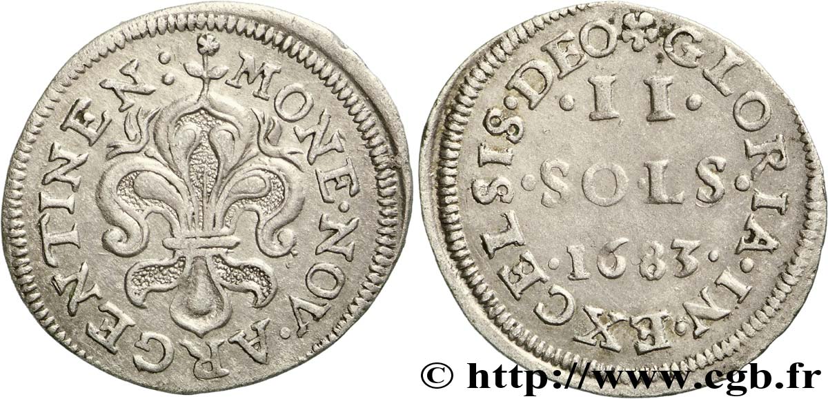 LOUIS XIV LE GRAND OU LE ROI SOLEIL 2 sols 1683 Strasbourg TTB