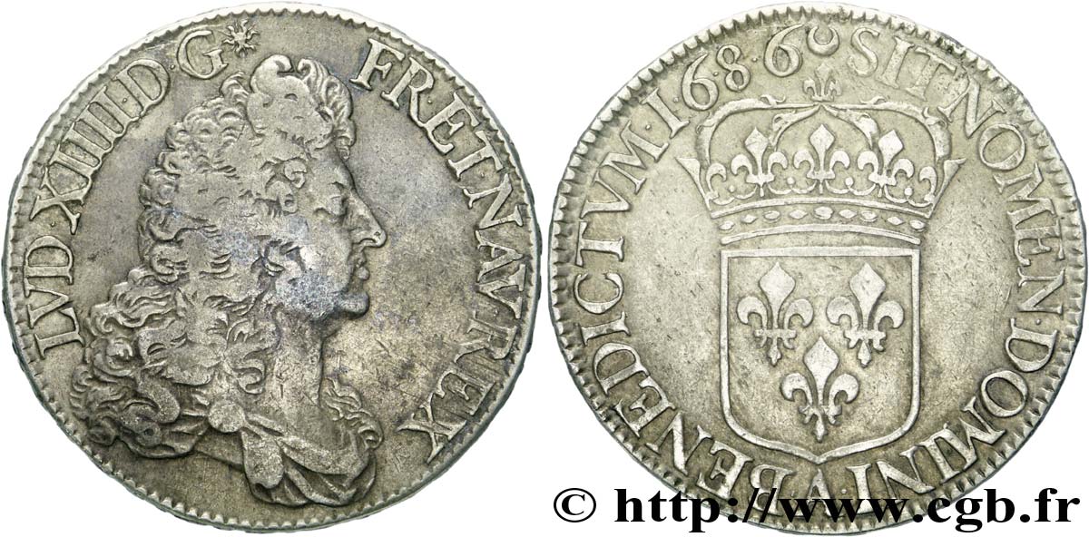 LOUIS XIV  THE SUN KING  Écu dit “au buste drapé à l’antique” 1686 Paris XF/AU