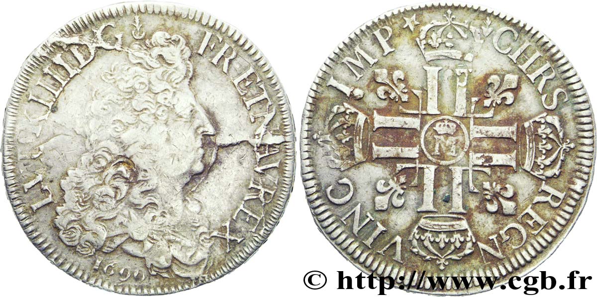 LOUIS XIV  THE SUN KING  Écu aux huit L, 1er type 1690 Metz BC/BC+