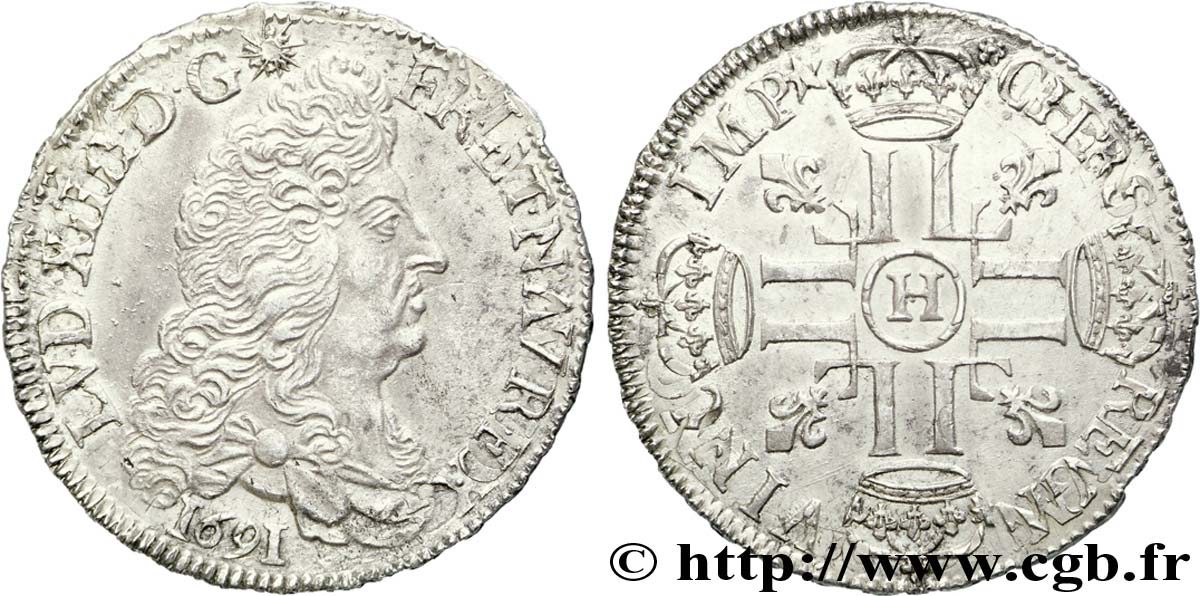 LOUIS XIV  THE SUN KING  Demi-écu aux huit L, 1er type 1691 La Rochelle XF/AU