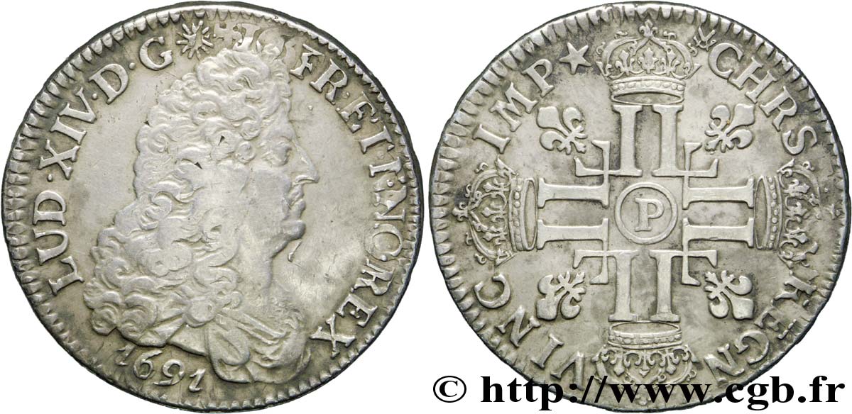LOUIS XIV  THE SUN KING  Écu aux huit L, 1er type 1691 Dijon BB/q.SPL