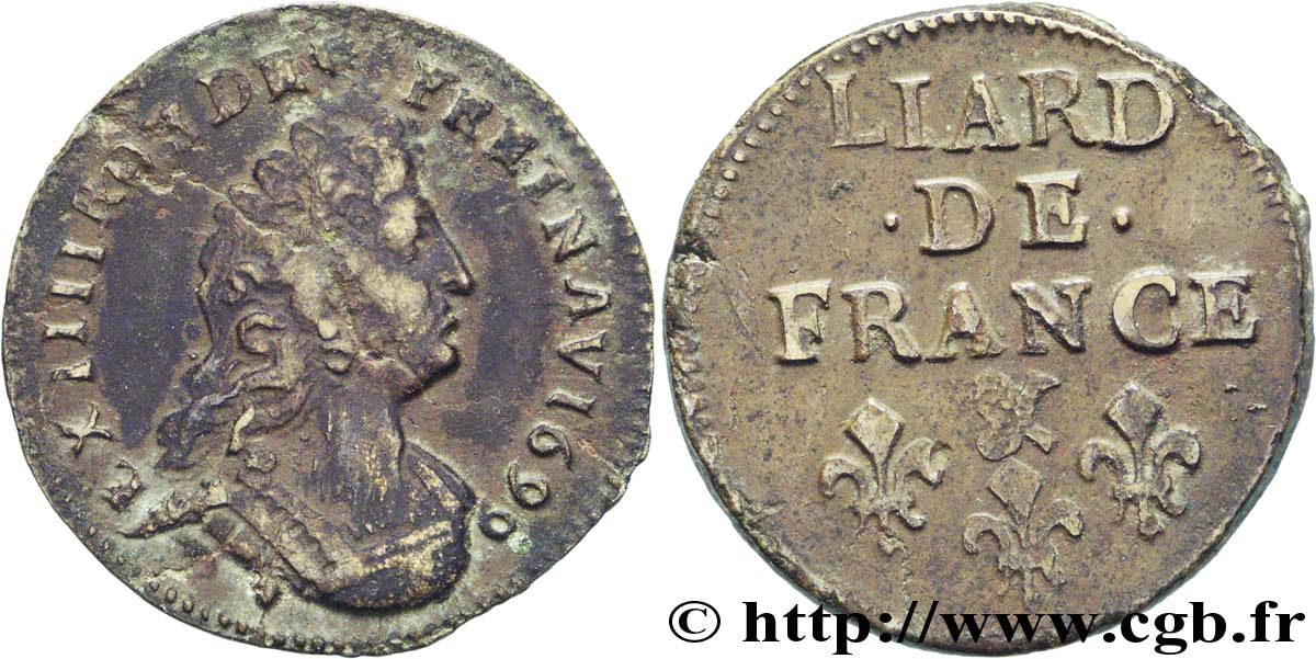 LOUIS XIV LE GRAND OU LE ROI SOLEIL Liard, 3e type, buste âgé 1699 Aix-en-Provence TB+/TTB
