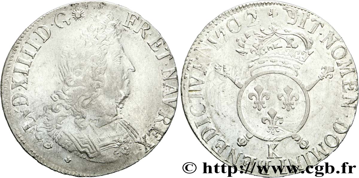 LOUIS XIV LE GRAND OU LE ROI SOLEIL Écu aux insignes 1702 Bordeaux TTB