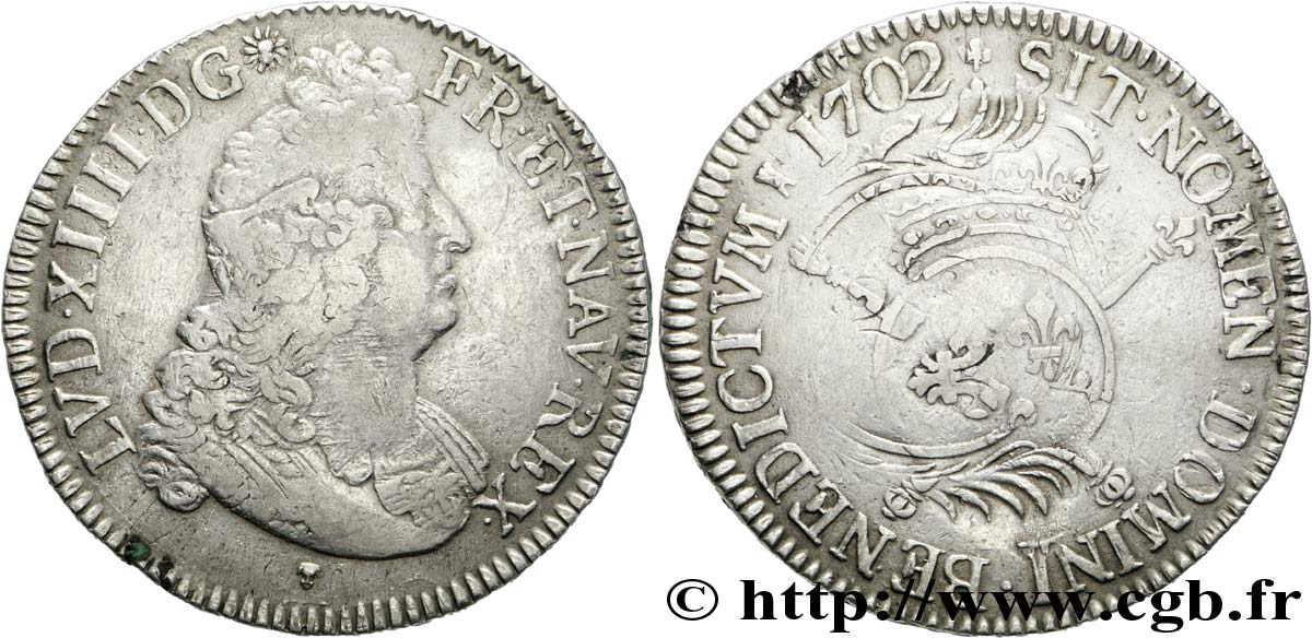 LOUIS XIV  THE SUN KING  Écu aux insignes 1702 Toulouse XF