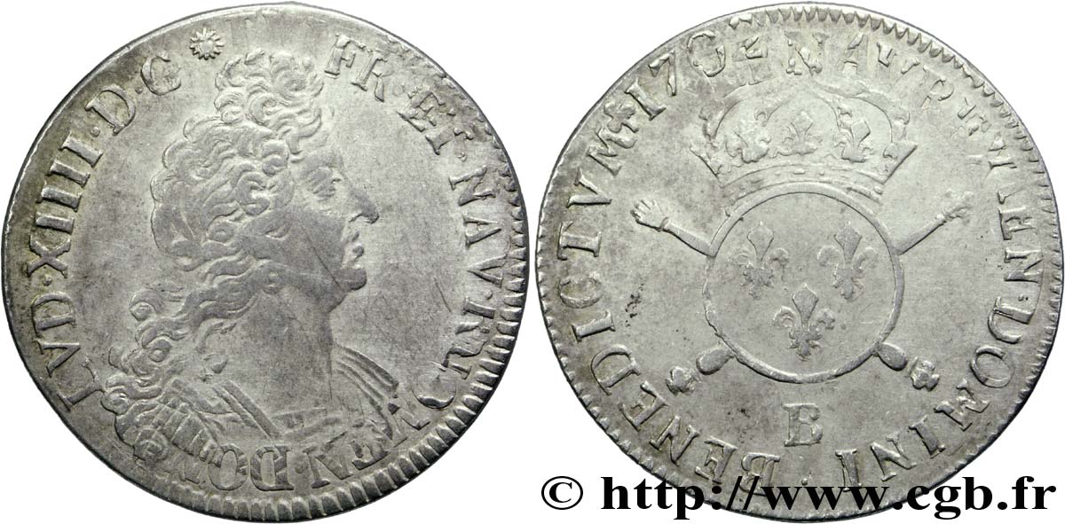 LOUIS XIV LE GRAND OU LE ROI SOLEIL Demi-écu aux insignes 1702 Rouen TB+