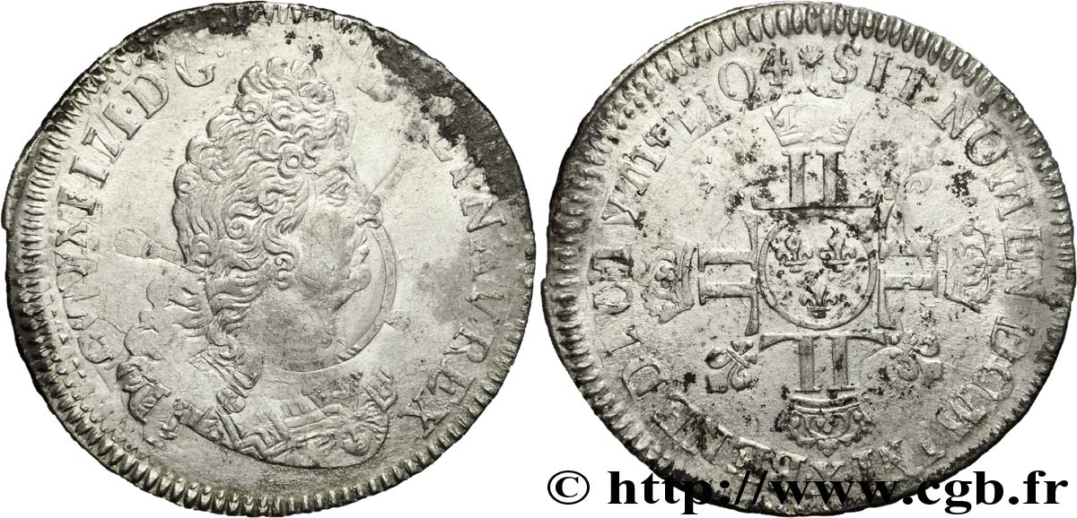 LOUIS XIV  THE SUN KING  Demi-écu aux huit L, 2e type 1704 Amiens XF
