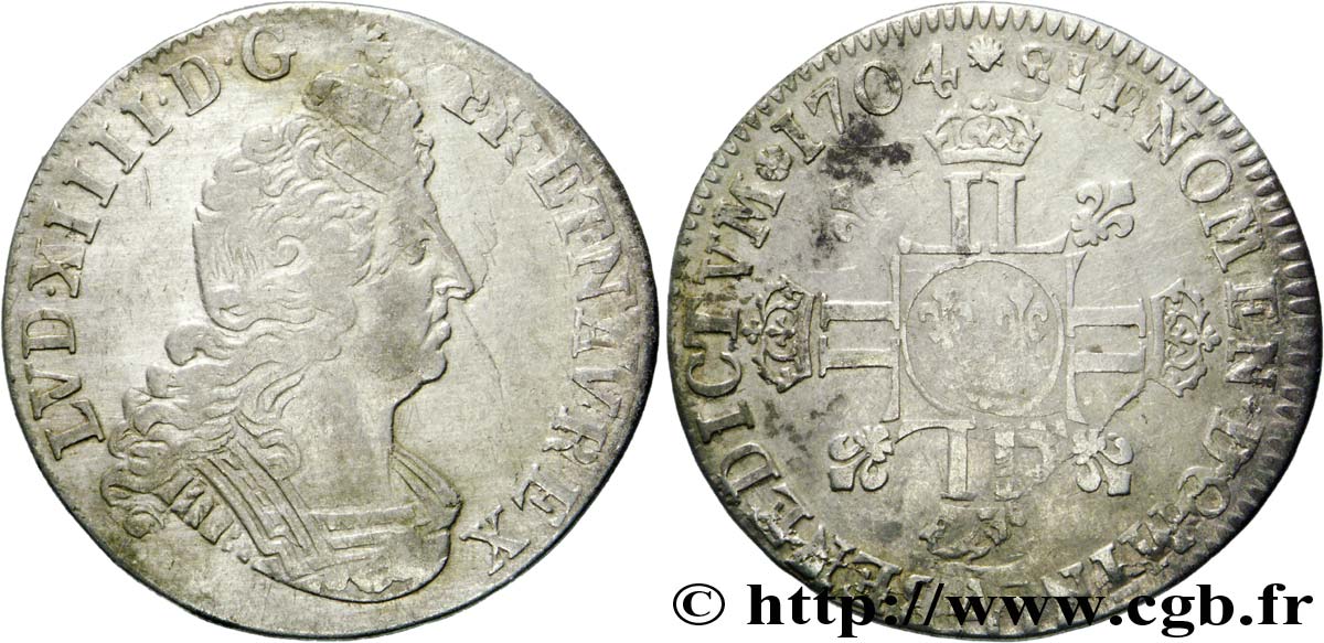 LOUIS XIV LE GRAND OU LE ROI SOLEIL Quart d écu aux huit L, 2e type 1704  Paris TB+