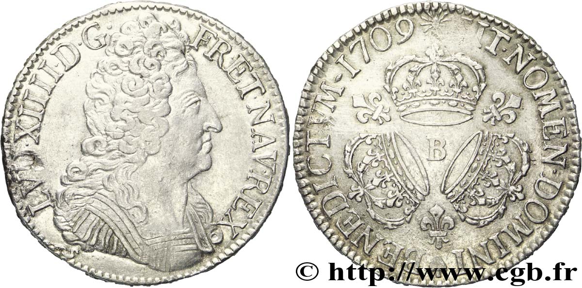 LOUIS XIV  THE SUN KING  Écu aux trois couronnes 1709 Rouen XF/AU