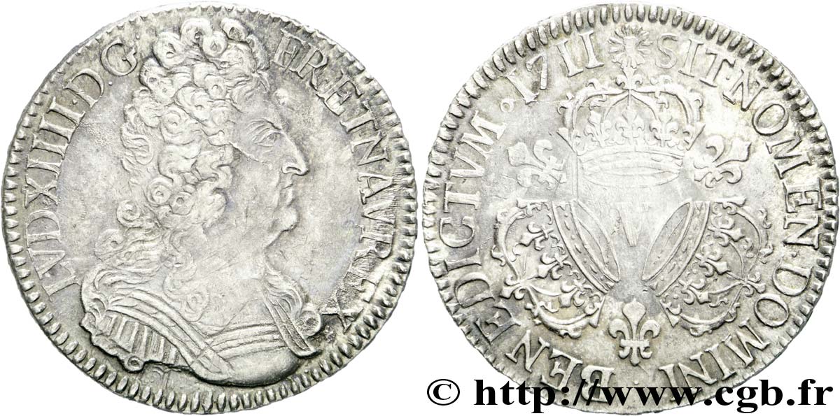 LOUIS XIV &nbsp;THE SUN KING&nbsp; Demi-écu aux trois couronnes 1711 Troyes XF