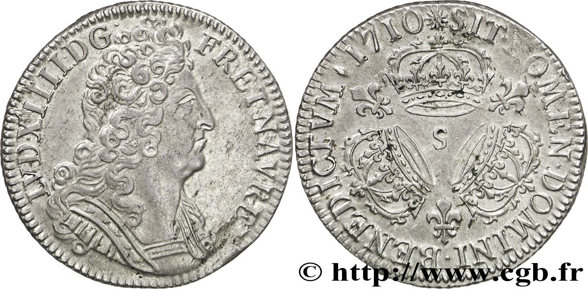 LOUIS XIV  THE SUN KING  Quart d écu aux trois couronnes 1710 Reims fVZ