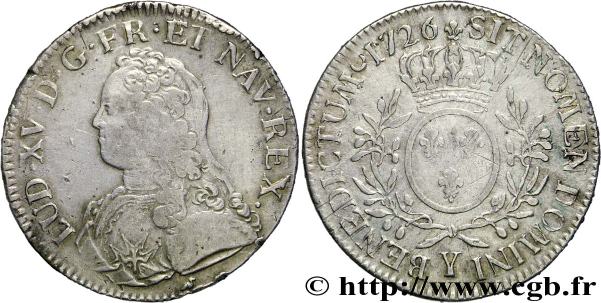LOUIS XV THE BELOVED Écu aux branches d olivier, buste habillé 1726 Bourges VF/XF