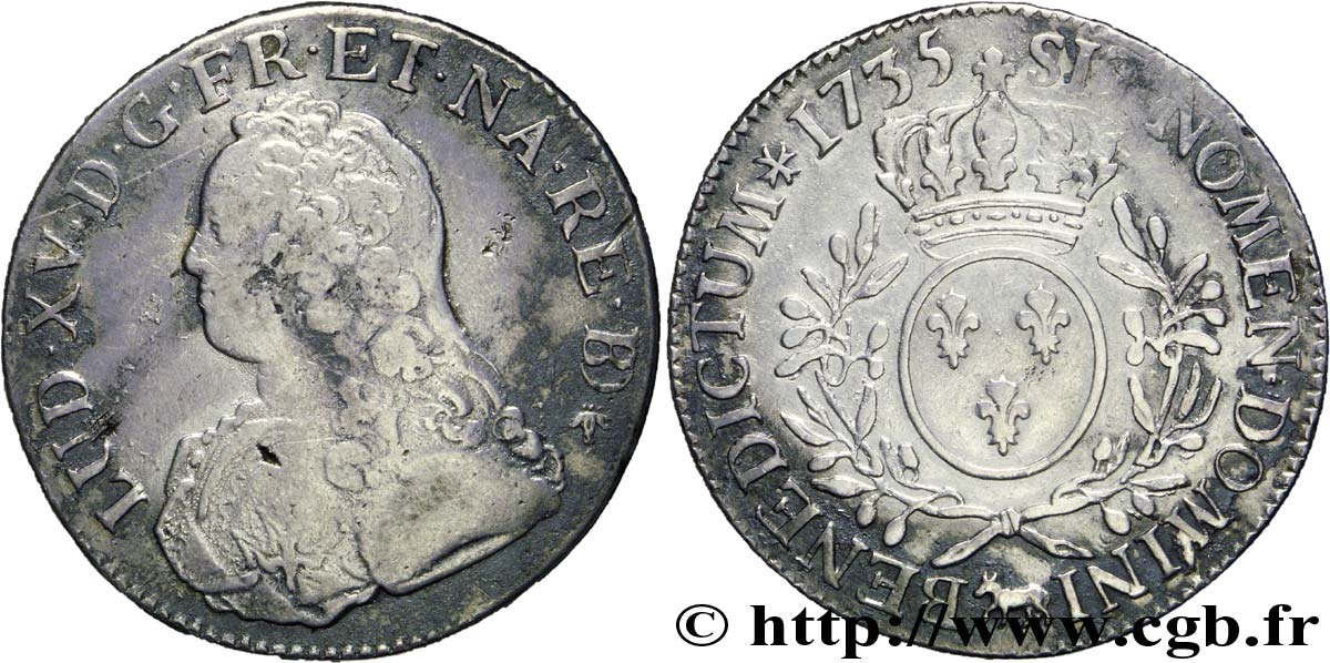 LOUIS XV &nbsp;THE WELL-BELOVED&nbsp; Écu aux branches d&nbsp;olivier, buste habillé 1735 Pau VF/XF