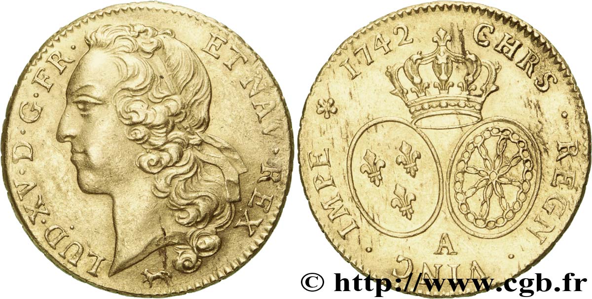LOUIS XV DIT LE BIEN AIMÉ Double louis d’or aux écus ovales, tête ceinte d’un bandeau 1742 Paris TTB+
