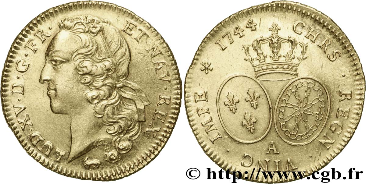 LOUIS XV  THE WELL-BELOVED  Double louis d’or aux écus ovales, tête ceinte d’un bandeau 1744 Paris AU/AU