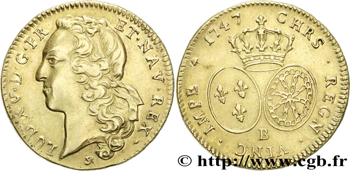 LOUIS XV THE BELOVED Double louis d’or aux écus ovales, tête ceinte d’un bandeau 1747 Rouen XF/AU