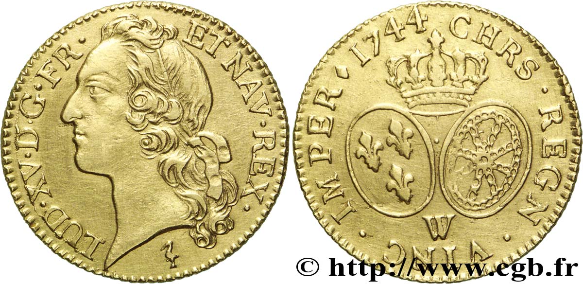 LOUIS XV DIT LE BIEN AIMÉ Louis d’or aux écus ovales, tête ceinte d’un bandeau 1744 Lille TTB+
