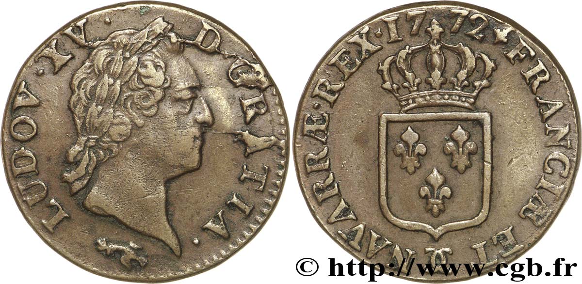 LOUIS XV DIT LE BIEN AIMÉ Sol dit &nbsp;à la vieille tête&nbsp; 1772 Besançon TTB+