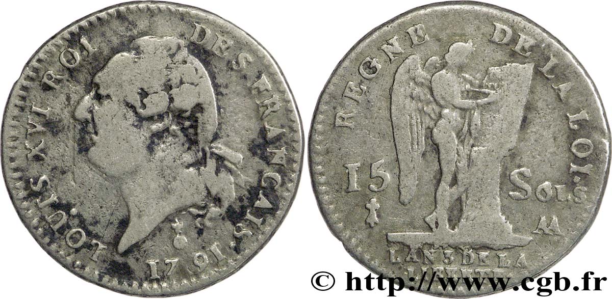 LOUIS XVI (MONARQUE CONSTITUTIONNEL)  15 sols dit &nbsp;au génie&nbsp;, type FRANÇAIS 1791 Metz TB