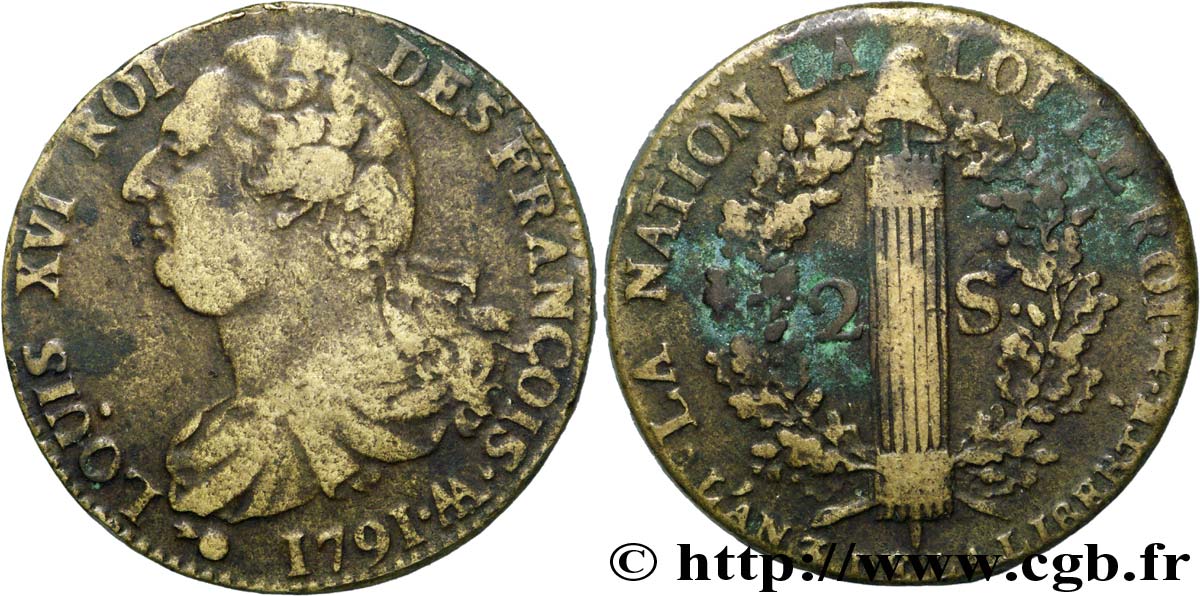 LOUIS XVI 2 sols dit  au faisceau , type FRANÇOIS 1791 Metz XF