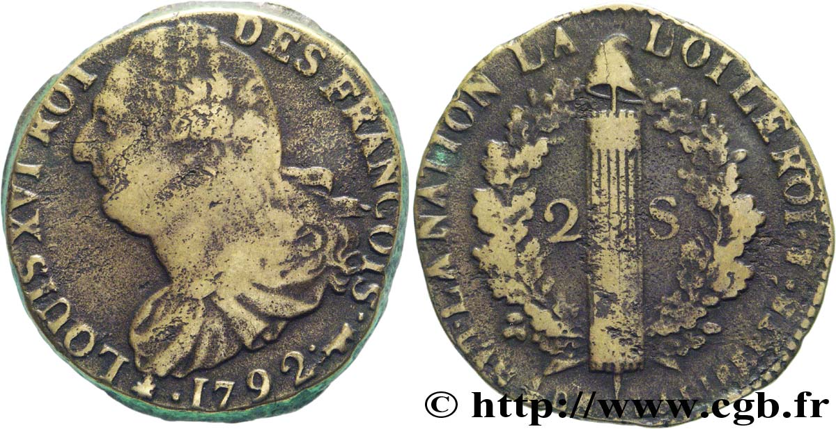 LOUIS XVI (MONARQUE CONSTITUTIONNEL)  2 sols dit &nbsp;au faisceau&nbsp;, type FRANÇOIS 1792 Pau TB+