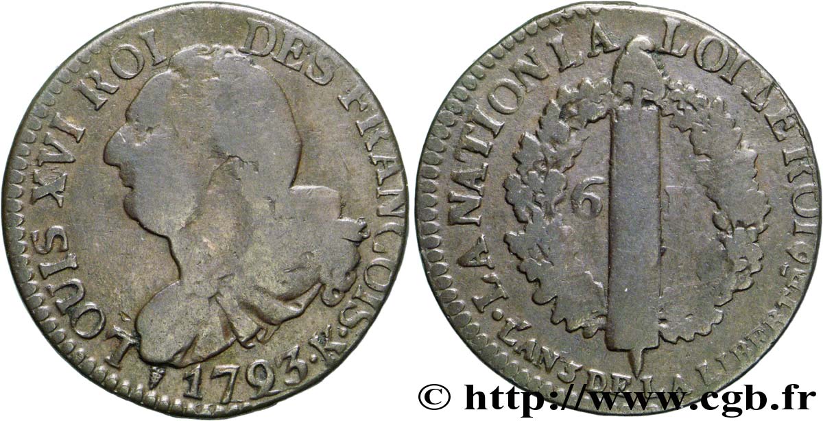 LA CONVENTION 6 deniers dit  au faisceau , type FRANÇOIS 1793 Bordeaux TB+/TB