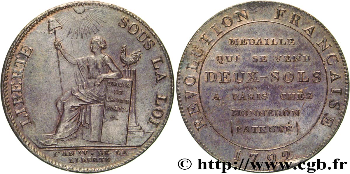 REVOLUTION COINAGE Monneron de 2 sols à la Liberté 1792 Birmingham, Soho AU