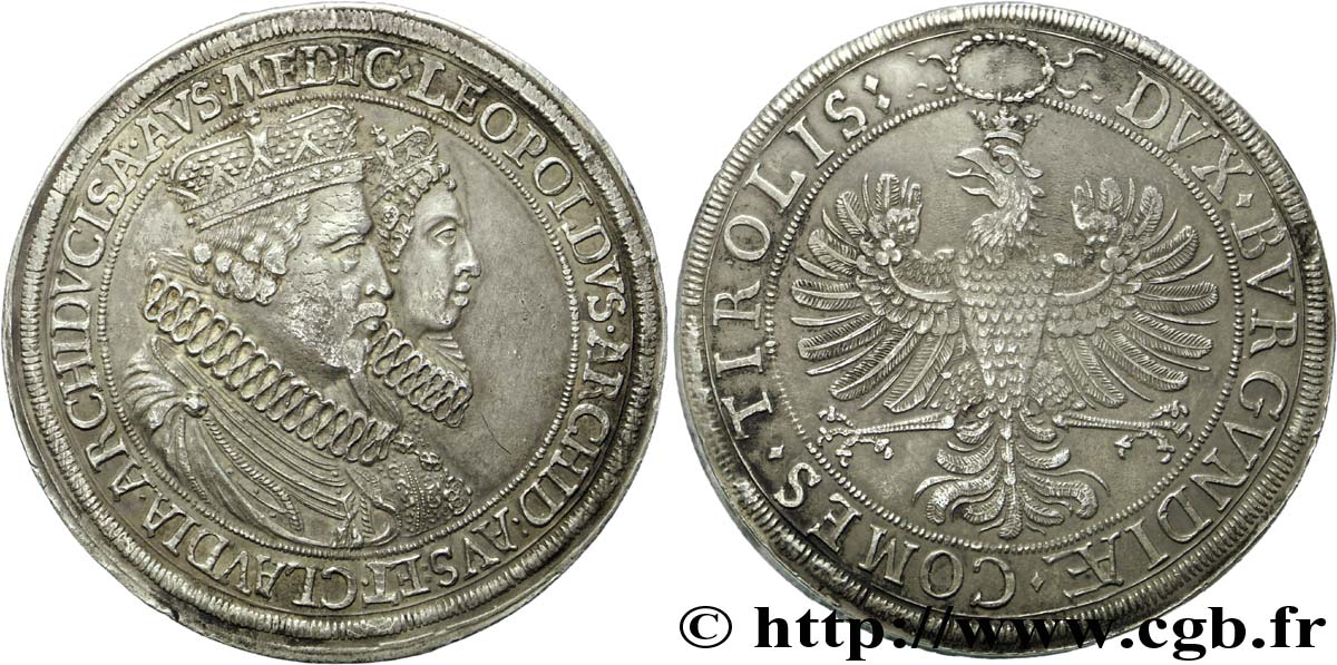 AUSTRIA - COUNTY OF TYROL - LEOPOLD V AND CLAUDE OF MEDICIS Double thaler n.d. Hall SS/fVZ