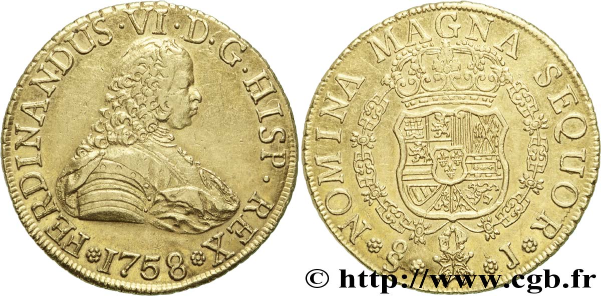 CHILE - FERDINAND VI Huit escudos en or 1758 Santiago du Chili q.SPL