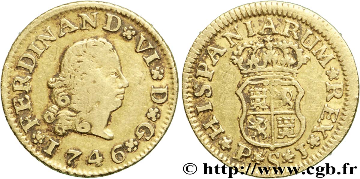 ESPAGNE - ROYAUME D ESPAGNE - FERDINAND VI Demi-escudo en or, 4e type 1746 Séville TB