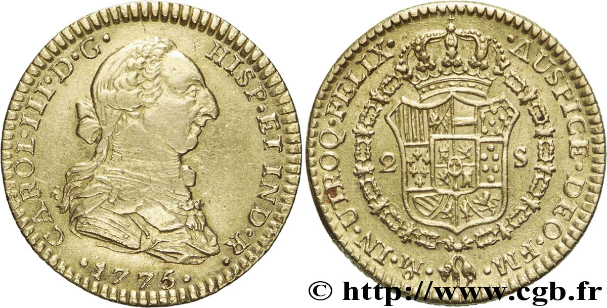 SPANISH AMERICA - CHARLES III 2 escudos en or 1775 Mexico BC+/MBC
