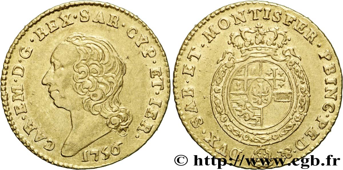 DUCHY OF SAVOY - CHARLES-EMMANUEL III Demi-doppia neuve 1756 Turin q.SPL