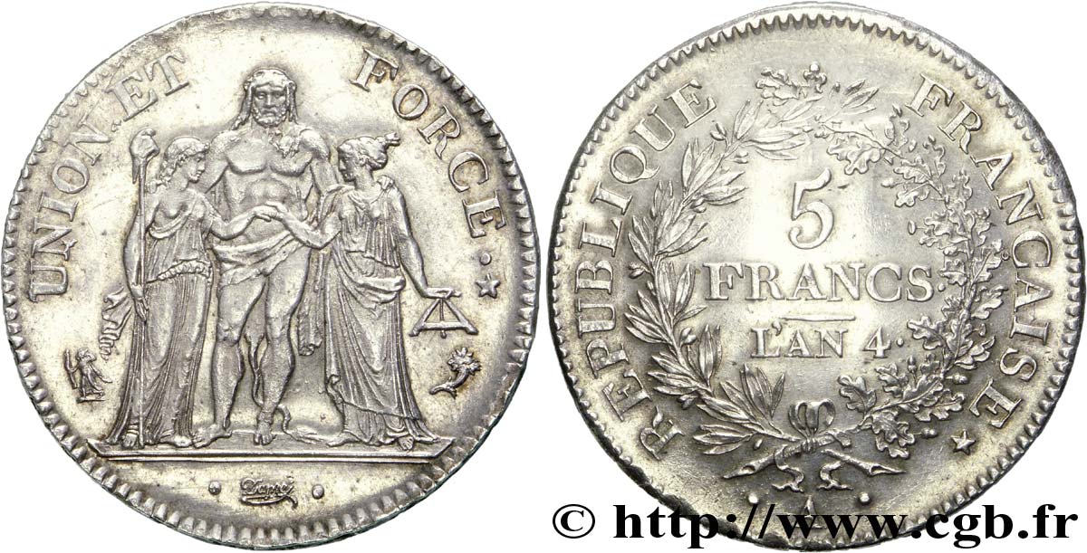5 francs Union et Force, Union serré, avec glands intérieurs et gland extérieur 1796 Paris F.288/2 SPL 