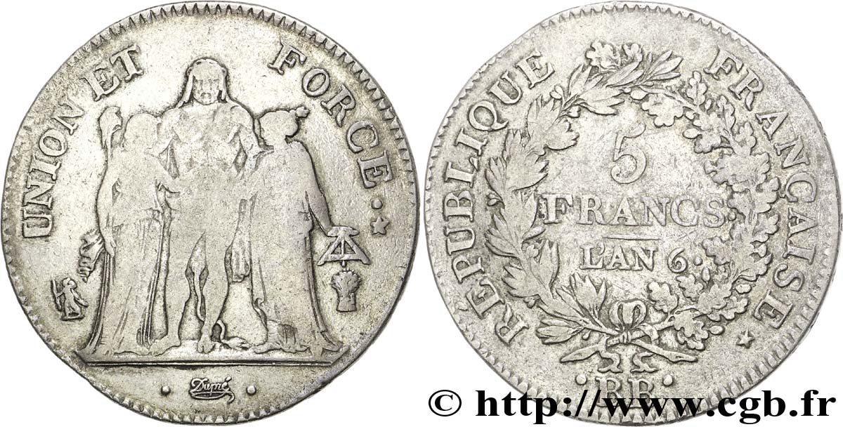 5 francs Union et Force, Union serré, avec glands intérieurs et gland extérieur 1798 Strasbourg F.288/50 BC 