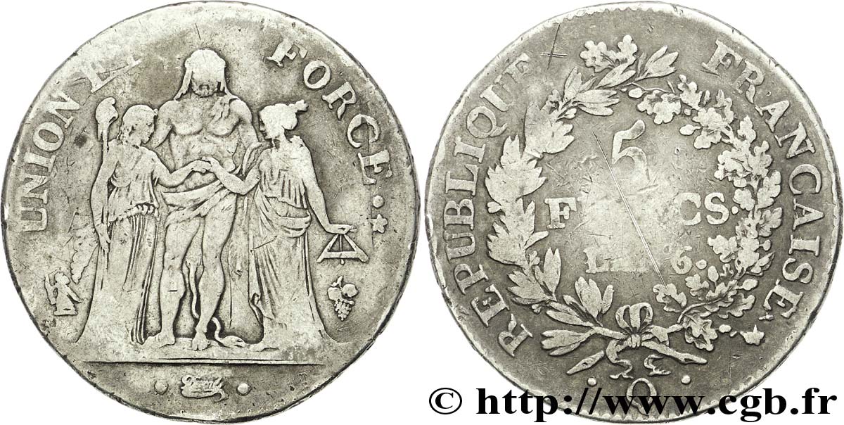 5 francs Union et Force, Union serré, avec un gland intérieur du haut et gland extérieur 1798 Perpignan F.288/80 BC 