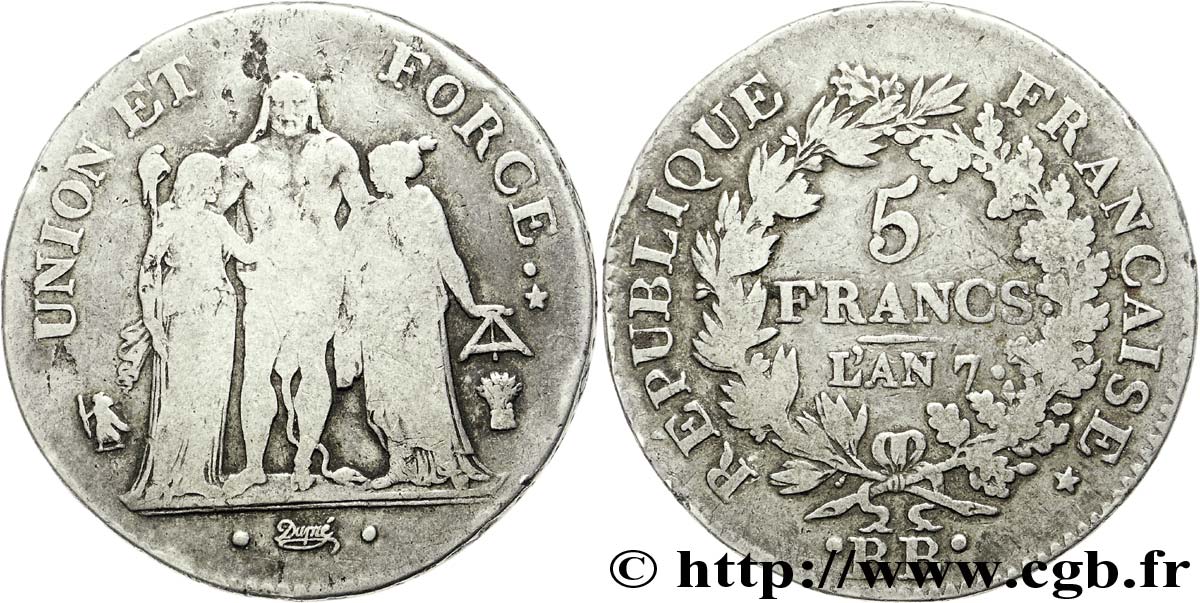 5 francs Union et Force, Union serré, seulement gland extérieur, petite feuille 1799 Strasbourg F.288/107 S 