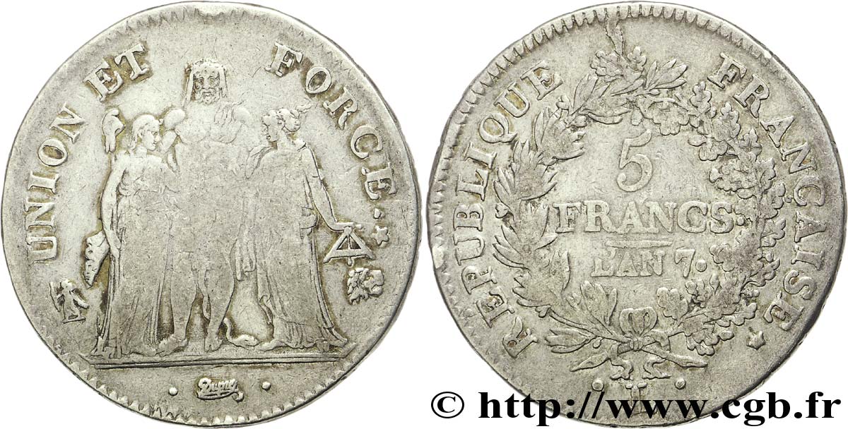 5 francs Union et Force, Union desserré, avec glands intérieurs et gland extérieur 1799 Bayonne F.291/26 TB 