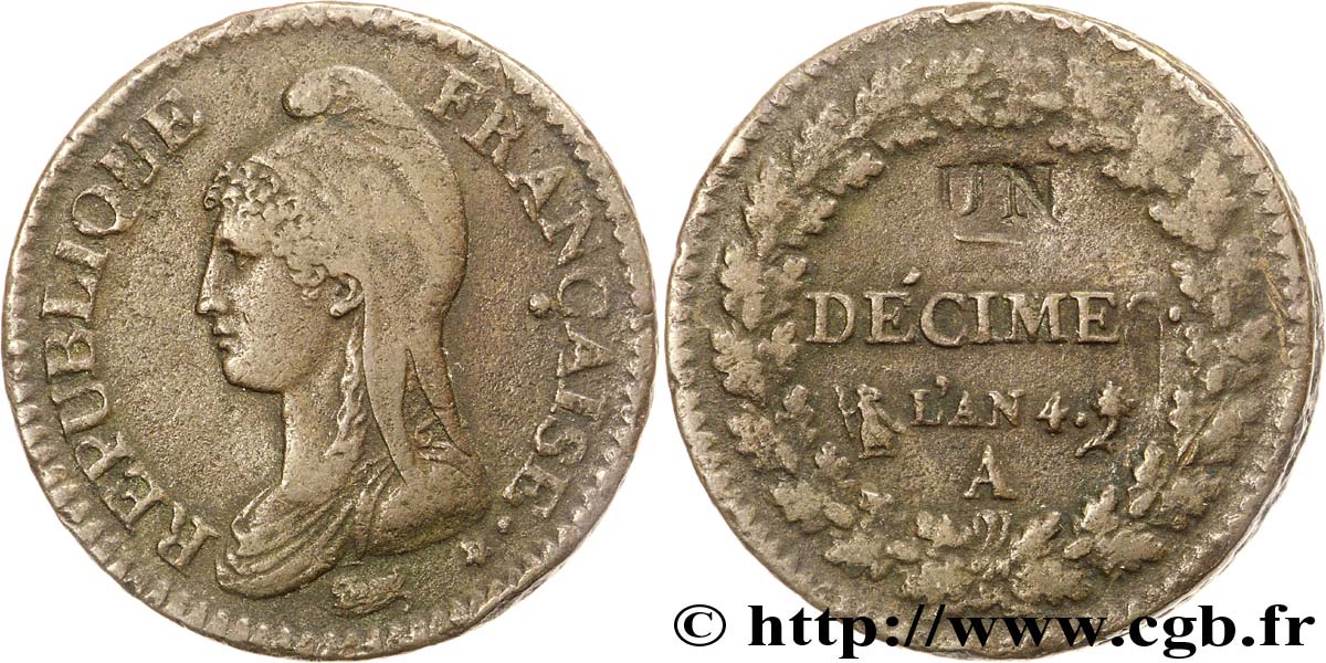 Un décime Dupré, modification du 2 décimes 1796 Paris F.127/1 BB 