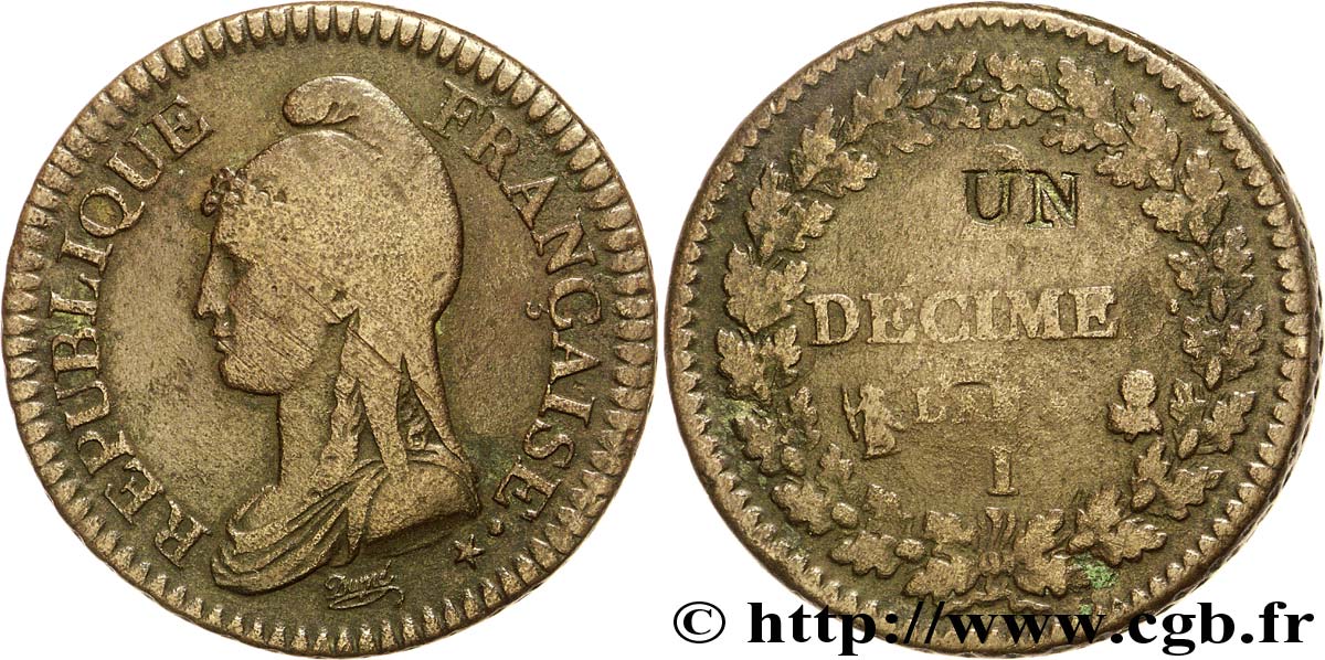 Un décime Dupré, modification du 2 décimes 1796 Limoges F.127/4 MB 