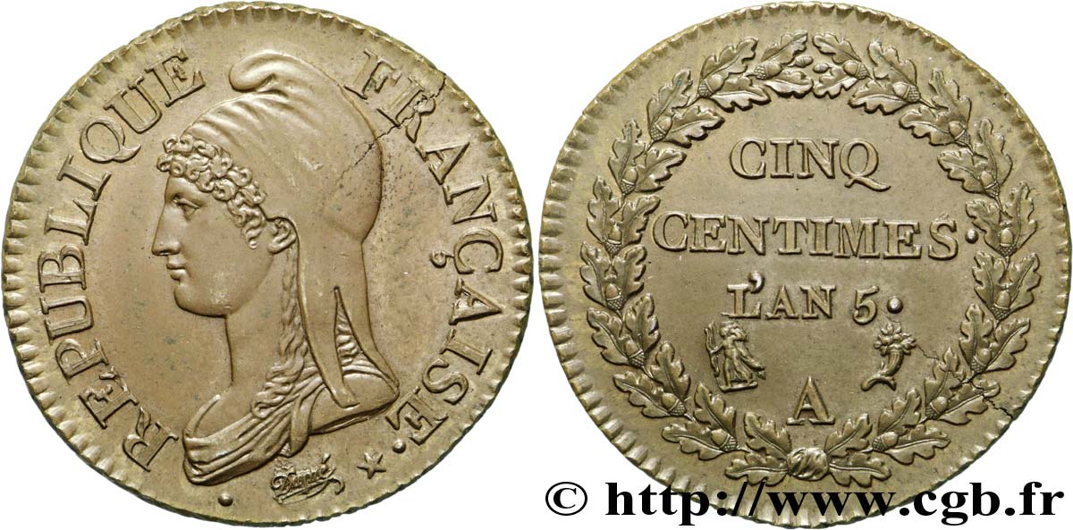 Cinq centimes Dupré, grand module 1797 Paris F.115/1 AU 