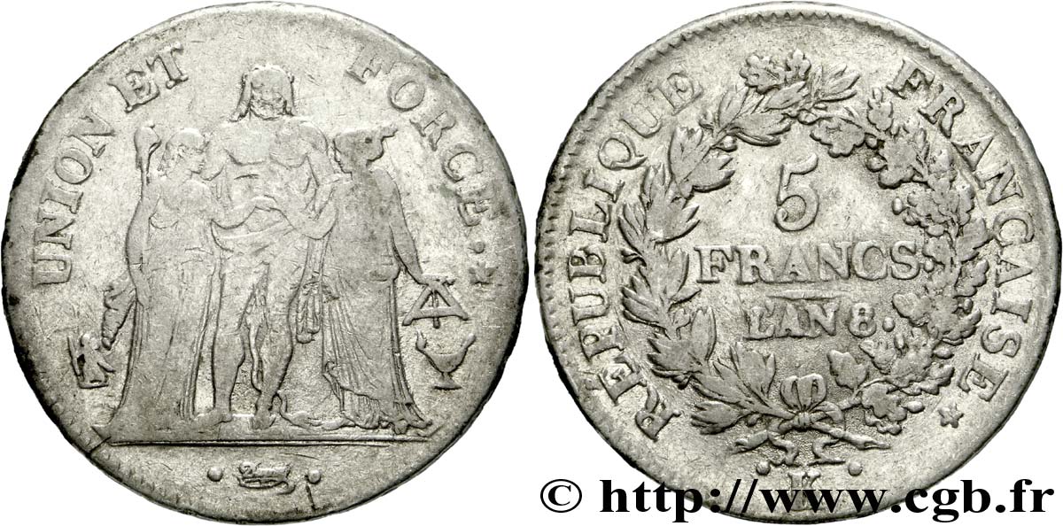 5 francs Union et Force, Union serré, avec glands intérieurs et gland extérieur 1800 Bordeaux F.288/132 BC 