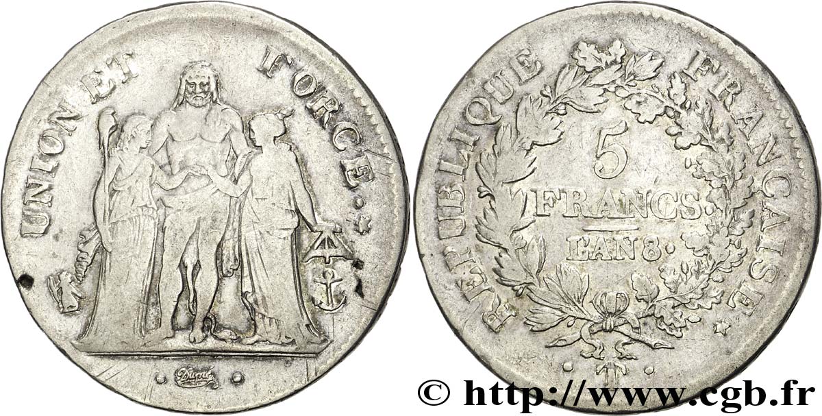 5 francs Union et Force, Union serré, avec glands intérieurs et gland extérieur 1800 Nantes F.288/151 TB 