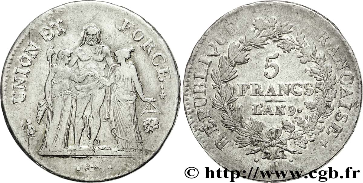 5 francs Union et Force, Union serré, avec glands intérieurs et gland extérieur 1801 Bayonne F.288/161 BB 