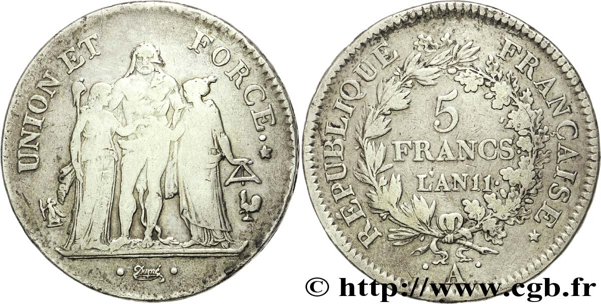 5 francs Union et Force, Union serré, seulement glands intérieurs 1803 Paris F.288/190 VF 