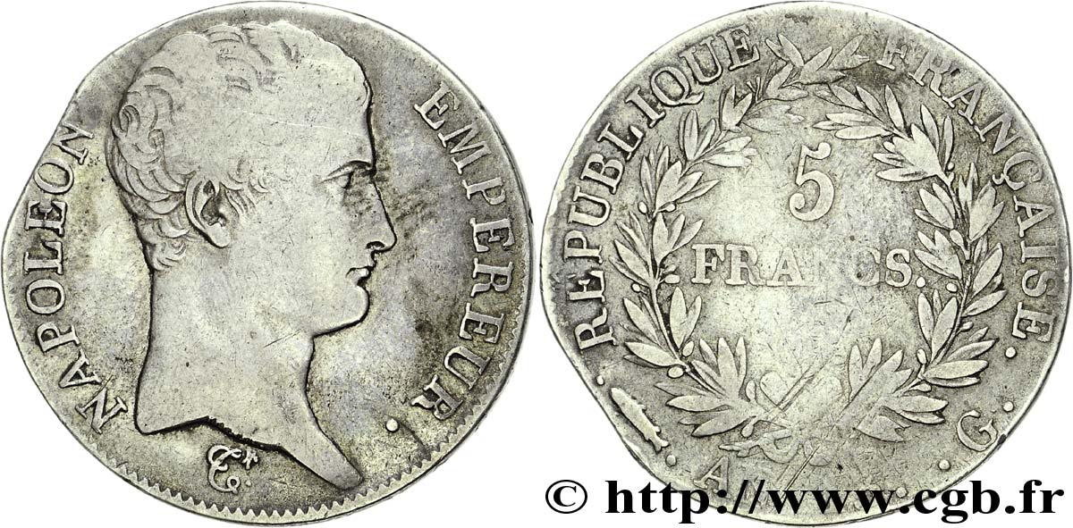 5 francs Napoléon Empereur, Calendrier révolutionnaire, bord de lame 1805 Genève F.303/7 VF 