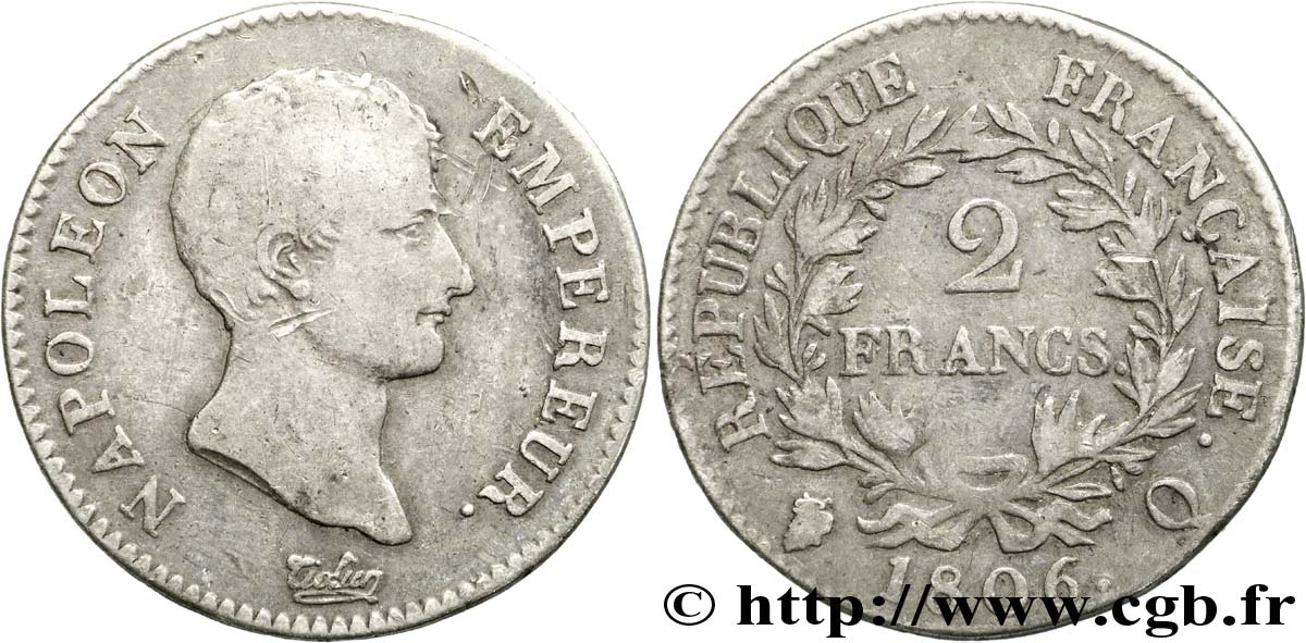 2 francs Napoléon Empereur, Calendrier grégorien 1806 Perpignan F.252/7 VF 