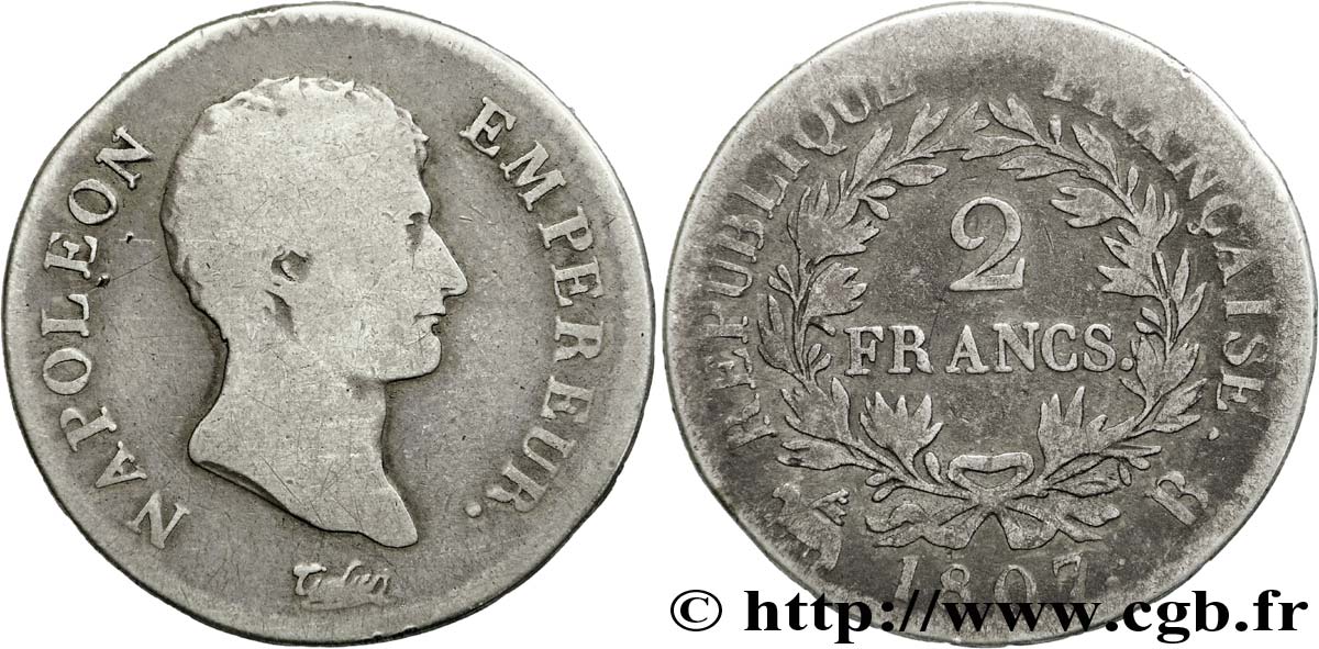 2 francs Napoléon Empereur, Calendrier grégorien 1807 Rouen F.252/8 SGE 