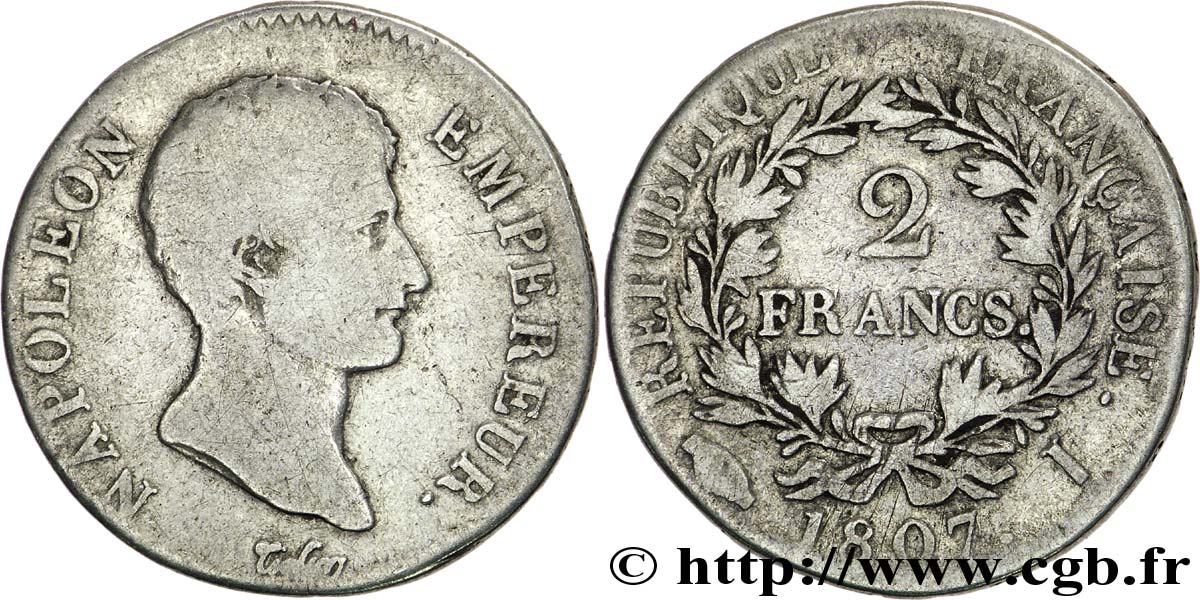 2 francs Napoléon Empereur, Calendrier grégorien 1807 Limoges F.252/9 TB 