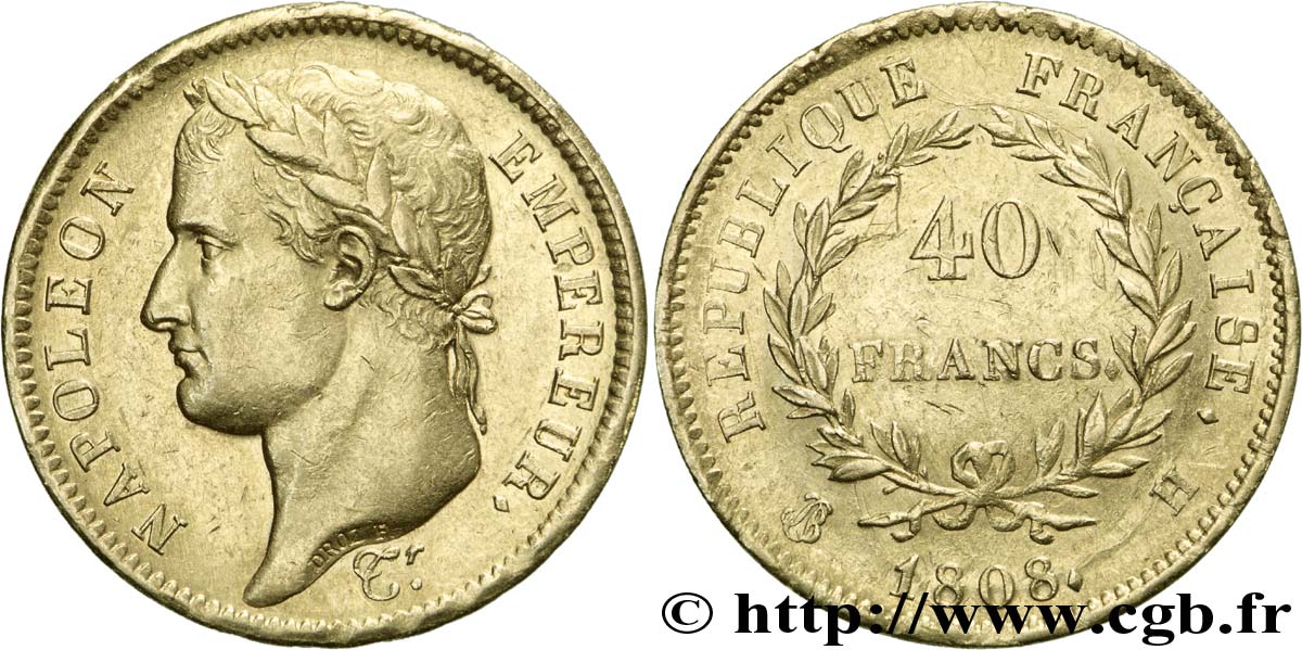 40 francs or Napoléon tête laurée, République française 1808 La Rochelle F.540/3 MBC 