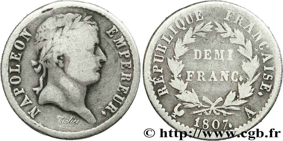 Demi-franc Napoléon Ier tête laurée, République française, frappe médaille 1807 Paris F./ S 