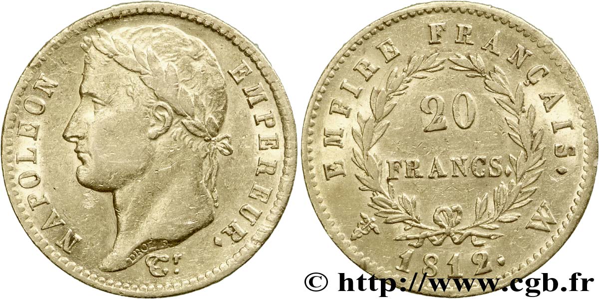 20 francs or Napoléon Ier tête laurée, Empire français 1812 Lille F.516/29 XF 